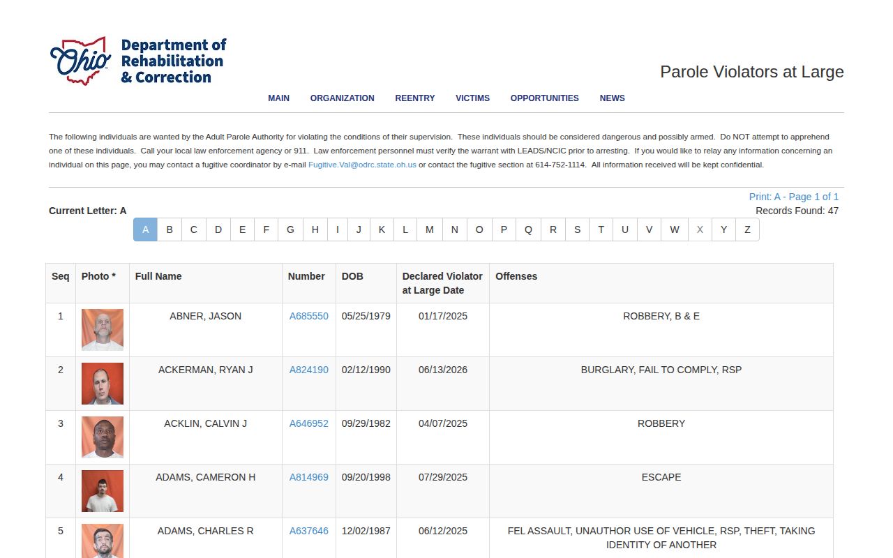 Washington County post-release supervision check through the ODRC violators-at-large list