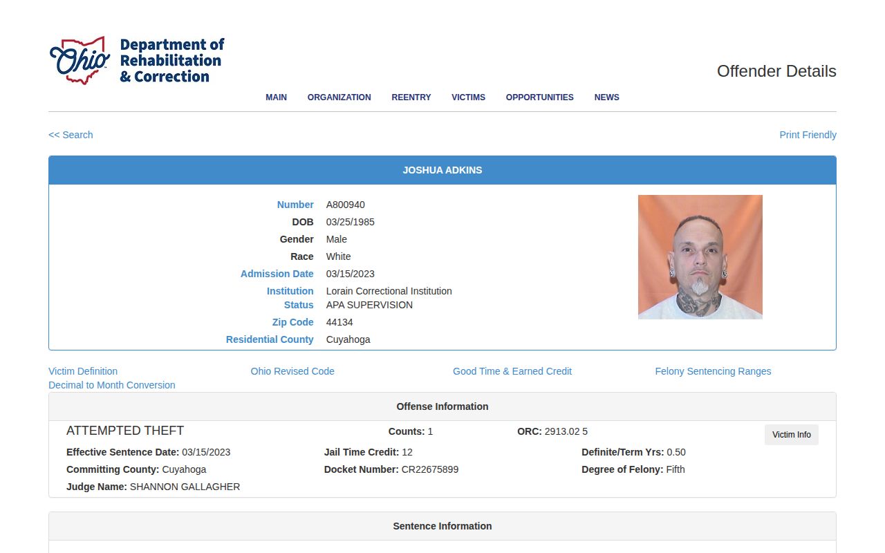 Ohio ODRC released inmate record for Washington County research